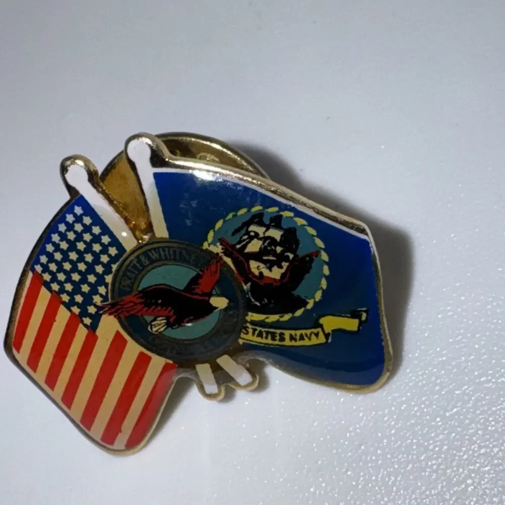 Vtg Pratt & Whitney Patriotic USA/ Navy Flag Enamel Pin - Dependable Engines